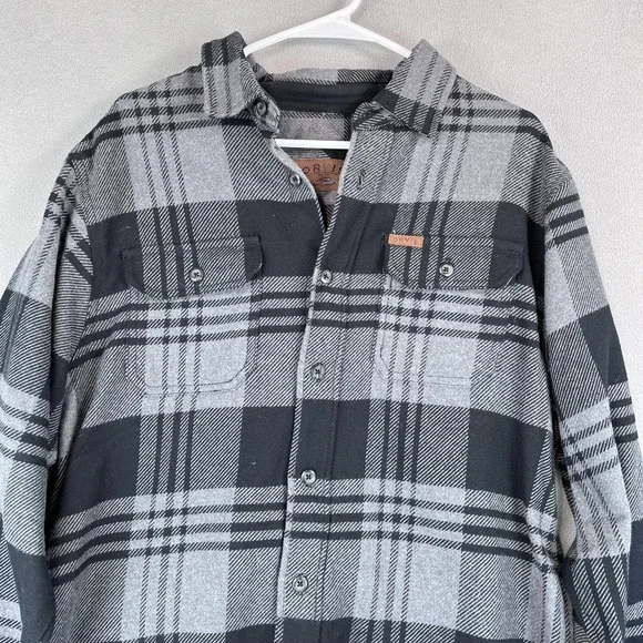 Orvis Shirt Mens Medium Gray Black Plaid Flannel Button Up Heavyweight Pockets - Picture 2 of 10